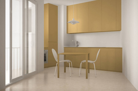 简约现代厨房, 配有椅子白色和黄色建筑室内设计的大窗户和餐桌