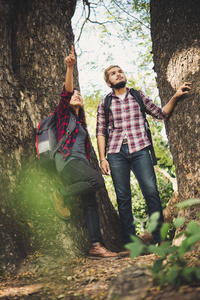 徒步旅行者夫妇在树之间散步。旅游理念