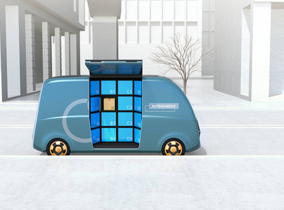 自驾车送货车的侧面图在街上停车。用户可以通过智能手机从储物柜中取包裹。最后一英里的概念。3d 渲染图像