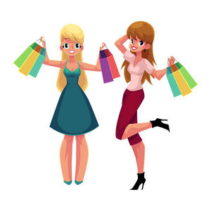 两个快乐妇女 女童 购物袋 假日销售的朋友