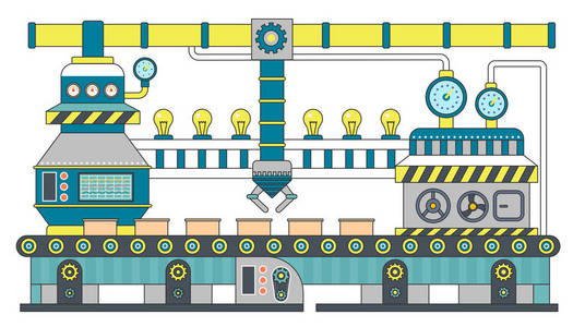 工业输送机皮带线平面矢量图。输送机过程生产，机械机器人带式输送机