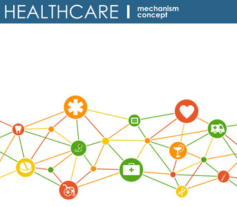 医疗机制的概念。与连接的齿轮和图标为医疗 保健 战略 护理 医药 网络 社会媒体及全球概念的抽象背景。矢量图
