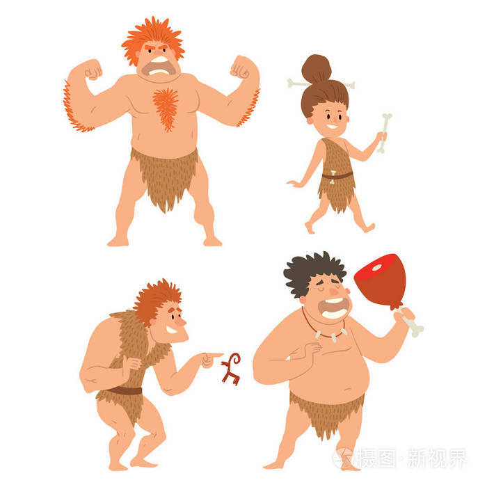 插画 穴居人原始石器时代卡通尼安德塔人人物进化矢量图.eps
