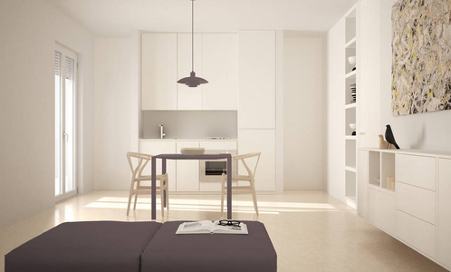 简约现代明亮的厨房与餐桌和椅子, 大窗户, 白色和红色建筑室内设计