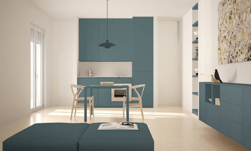 简约现代明亮的厨房与餐桌和椅子, 大窗户, 白色和蓝色建筑室内设计