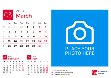2018 年的日历。矢量设计打印模板与放置图片和公司徽标的位置。2018 年 3 月。在周一的周开始。在页上的 3 个月
