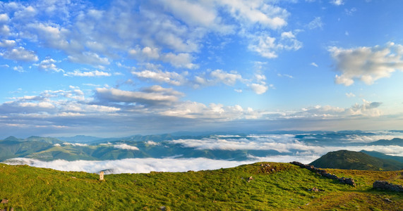 夏季早晨多云山的全景视图