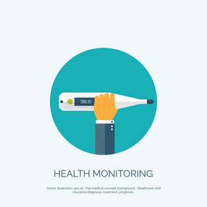 矢量图。平坦的背景与手和医疗的温度计。急救和诊断