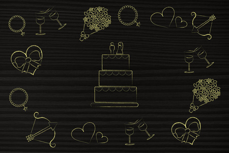 婚礼蛋糕被浪漫的符号包围