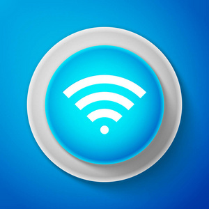 蓝色背景上隔离的白色 wifi 无线网络符号图标。圆圈蓝色按钮与白色线。矢量插图