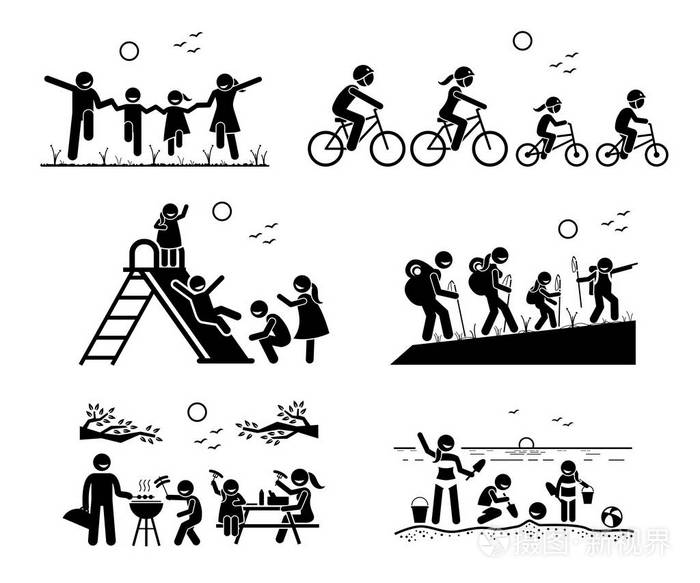 棍子图象形文字描绘了家庭在公园, 一起骑自行车, 在操场玩耍, 远足
