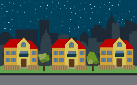 向量城市与三个二层卡通房子和绿树在晚上