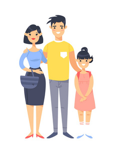 年轻夫妇带着女儿。手绘亚洲女人 男人和女孩。平面样式矢量插图家庭。孤立在白色背景上的卡通人物