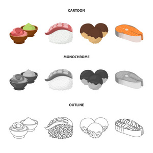芥末酱姜, 鲑鱼牛排, 章鱼。寿司集图标在卡通, 轮廓, 单色风格矢量符号股票插画网站