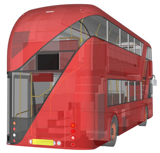 双层客车, 一种半透明的套管, 里面有许多内部元件和内部总线部件可见。3d 渲染