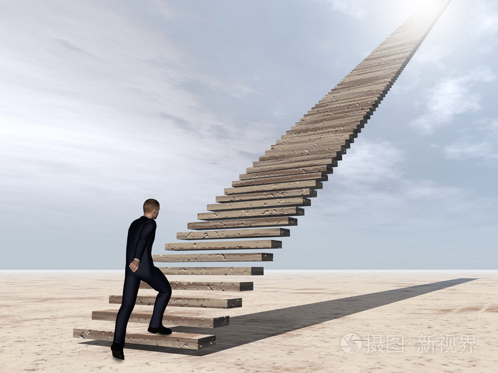 概念概念 3d 业务人走路或爬楼梯上云天空背景照片-正版商用图片0nc4