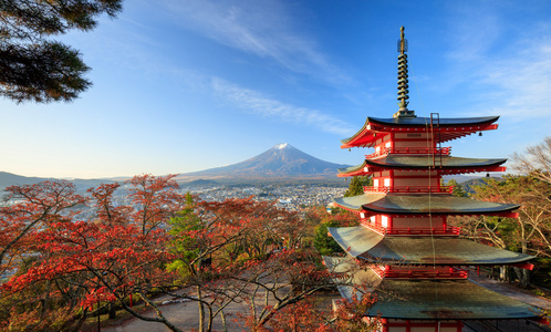 与 Chureito Pagoda 在日出，吉田，日本富士山