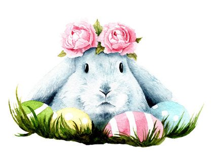 带花和蛋的复活节兔子的水彩图画