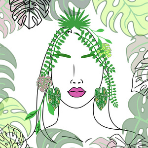 ropical 女孩在她的头发在白色背景的叶子和花朵