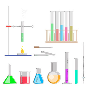 一组实验用的化学烧瓶。化学烧瓶的准备工作。平面设计, 矢量图解, 矢量