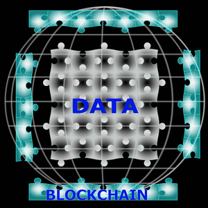 在黑色背景上的 blockchain 题词, 数据块在