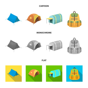 背包和其他类型的帐篷。帐篷集合图标在卡通, 平, 单色风格矢量符号股票插画网站