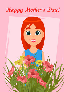 快乐的母亲节贺卡。可爱的卡通女人用一束鲜花。股票矢量