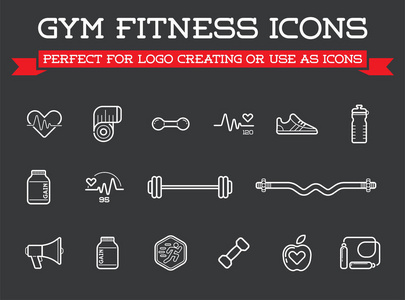 组的向量健身健美操健身房元素和健身图标图可以用作徽标或图标在优质