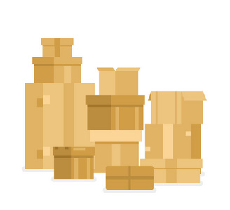 堆积密封货物的矢量插图堆纸板箱。交货容器白色背景上的平面样式中的褐色颜色