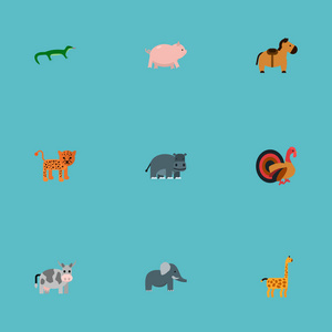 一组活图标平面样式符号与马, 豹, 大象和其他图标为您的 web 移动应用程序徽标设计