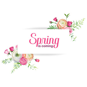 您好春天花卉贺卡为节日装饰。婚礼请柬, 用盛开的粉红色花朵问候模板。矢量插图