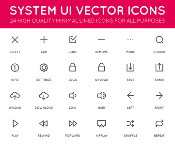 系统用户界面 Ui 矢量图标集。高质量最小内衬的图标为所有目的的