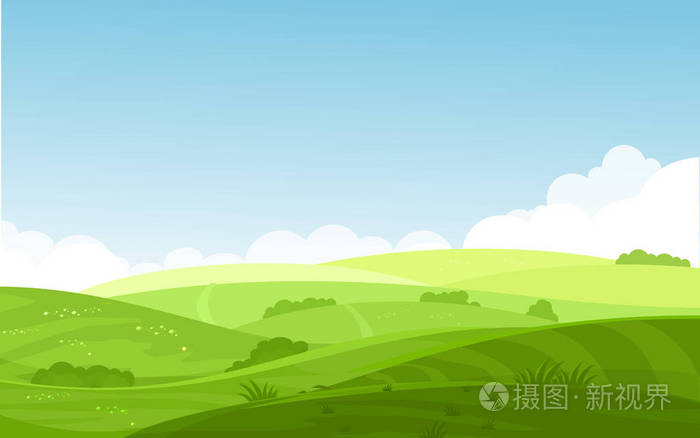 美丽田野的矢量插画与黎明, 绿色的山丘, 明亮的色彩蓝天, 背景在平面
