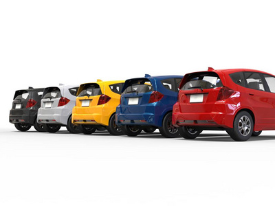 现代紧凑的电动汽车的各种颜色后视图
