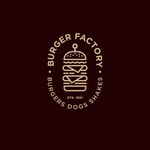 汉堡厂标识。汉堡餐厅会徽。线形平面标志。大汉堡和信件在黑暗的背景下