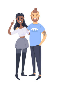 年轻的夫妇。手绘的黑人妇女和白人。平面样式矢量插图家庭。孤立在白色背景上的卡通人物