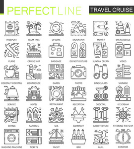旅游邮轮大纲概念符号。完美的细线图标。现代脑卒中线性样式插图集