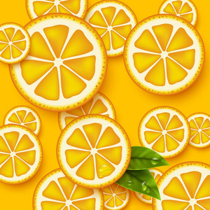 橙色水果背景。带叶子和水滴的橙片切片。矢量插图