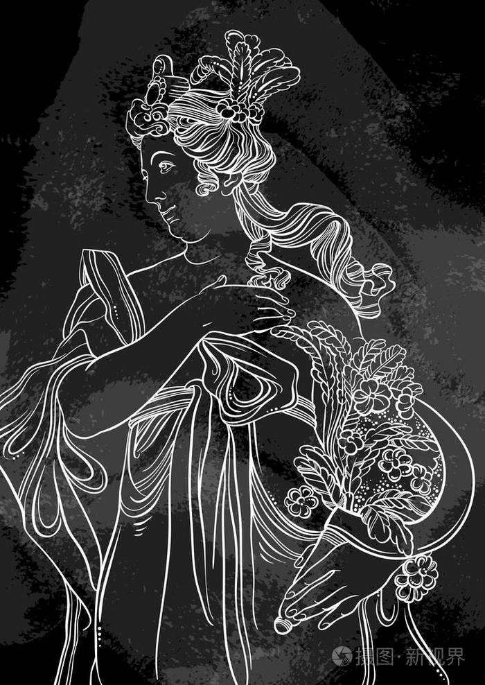 插画 古希腊女神.手绘美丽的矢量图稿在黑板上.老式粉笔.神话和传说.