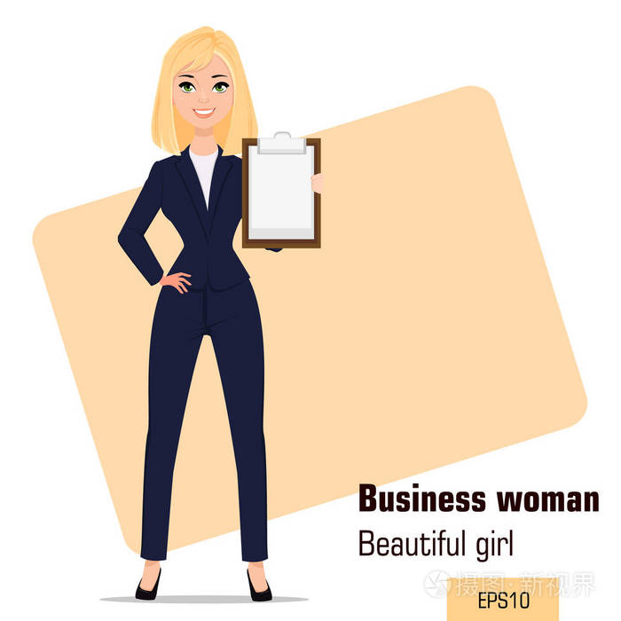 年轻的卡通女商人站.美丽的金发女孩在办公室衣服显示