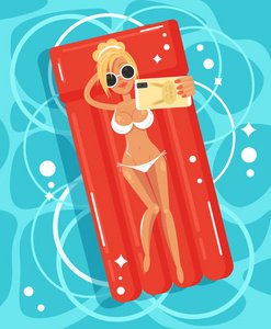 快乐微笑的年轻女子女孩的性格放松躺在游泳池的充气床垫上游泳和拍照自拍。暑假假期的概念。矢量平面卡通插画