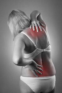 腰痛，按摩女性的身体，在女人的身体疼痛
