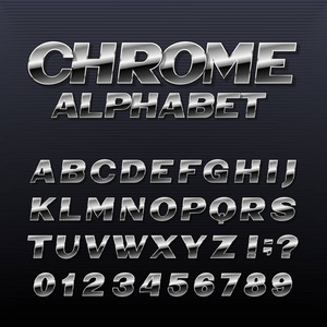 Chrome 效果字母表字体。金属数字, 符号和字母。任何版式设计的股票矢量字体