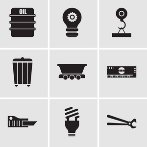 一套9个简单的可编辑图标, 如扭钳, 灯泡, 切割机, 规模, 货车, 垃圾, 装载起重机, 设置灯, 油