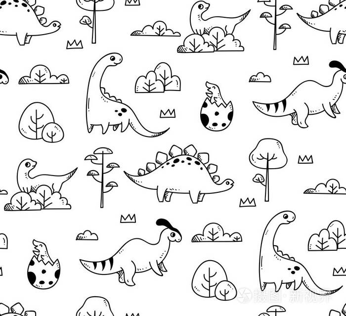 白色背景下的涂鸦风格的卡通恐龙集插画-正版商用图片