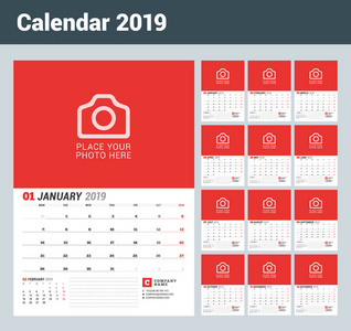 2019年的挂历策划师。设置12月。矢量打印模板与位置的照片。本周开始于星期一