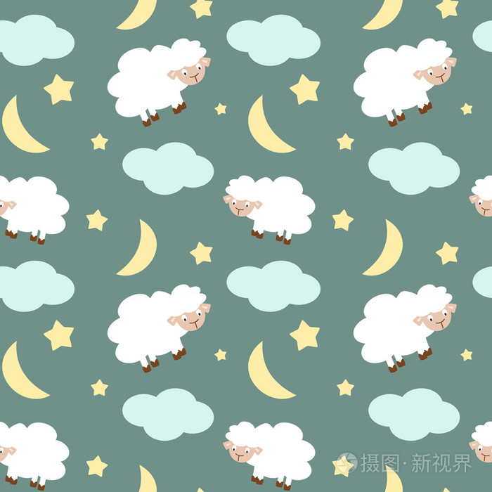 夜空中可爱的羊,星星,月亮和云彩,天衣无缝
