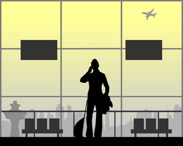 一个妇女在机场的电话, 而等待她的飞行, 一个在一系列类似的图像剪影