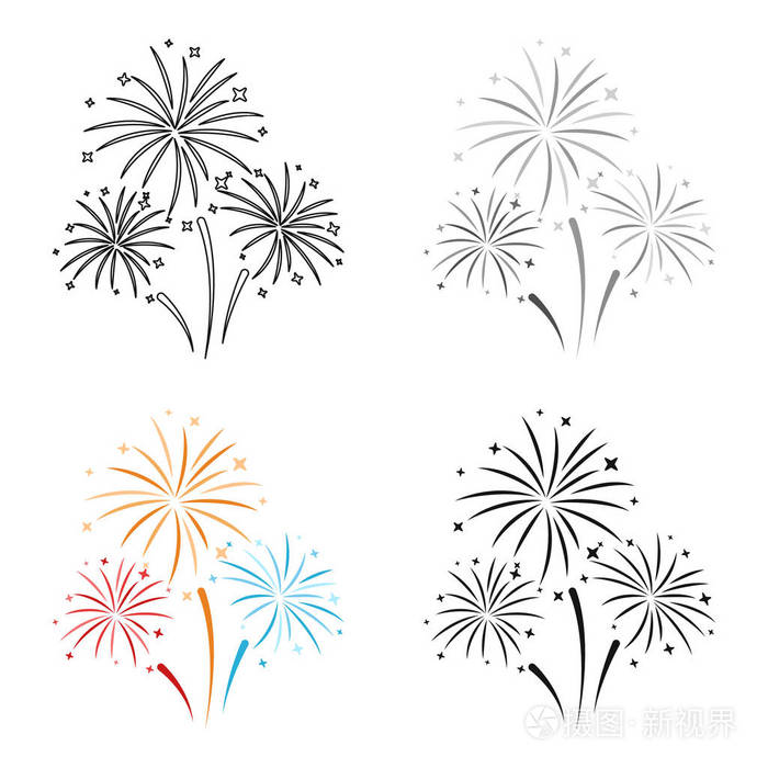 五彩缤纷的烟花在白色背景上孤立的卡通风格的图标.