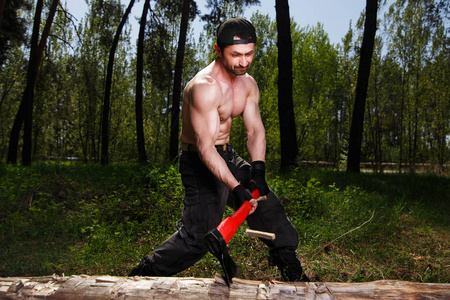 伐木工人砍下一棵树打破许多splinte